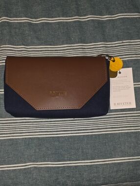 R.Riveter Navy Canvas Crossbody Clutch with Brown Leather Flap